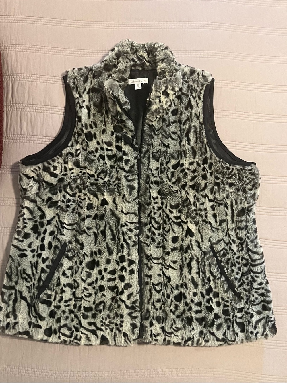 Coldwater Creek Faux Fur Leopard Print Vest Black Tan Feline Inspired Urban Glam